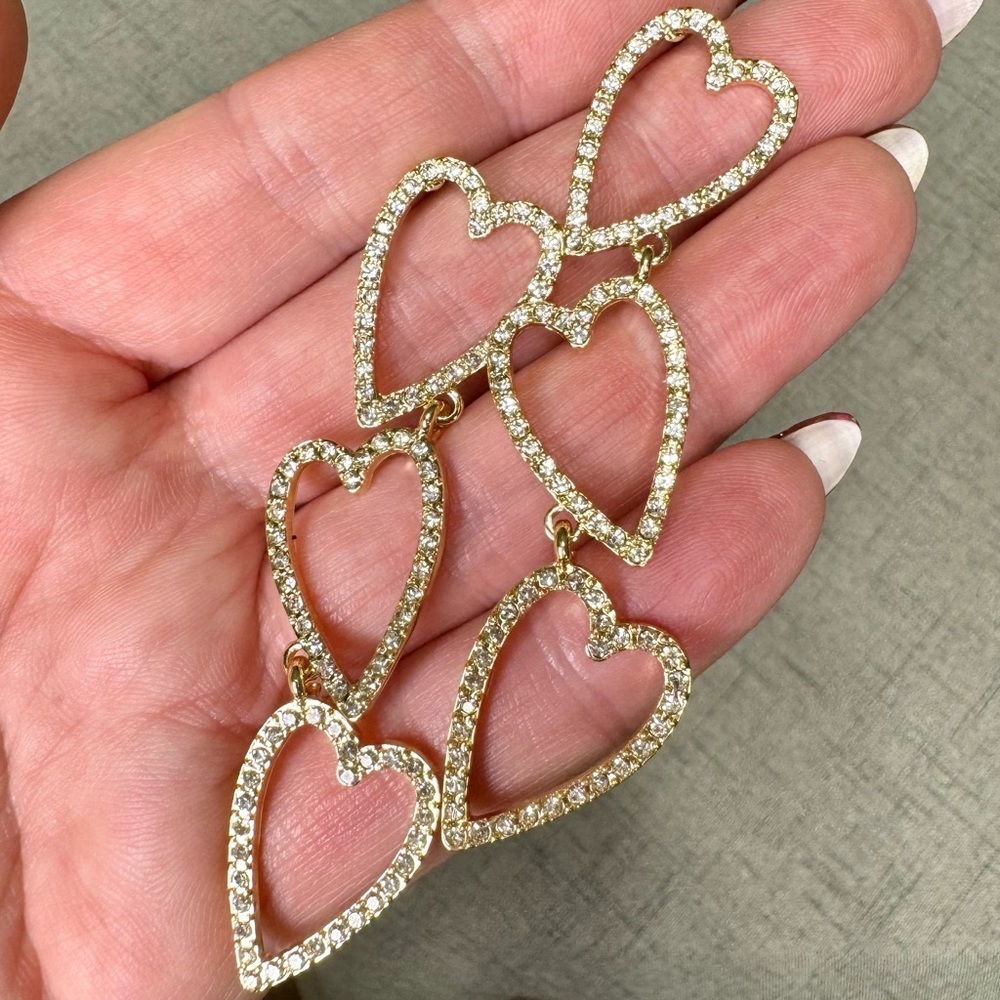 Gold Rhinestone Heart Trio Dangle Drop Crystal Earrings Nwt - Picture 5 of 7